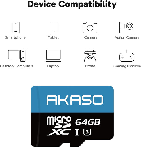 AKASO 64GB microSDXC U3 Memory Card - Up to 100MB/s, UHS-I C10, U3, Full HD, 4K UHD MicroSD Card