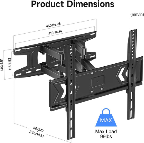 suptek 32-60 Inch 16" 400x400mm, 99lbs, MA001 Full Motion TV Wall Mount for TVs, Swivel & Tilt Adjustable Bracket, Dual