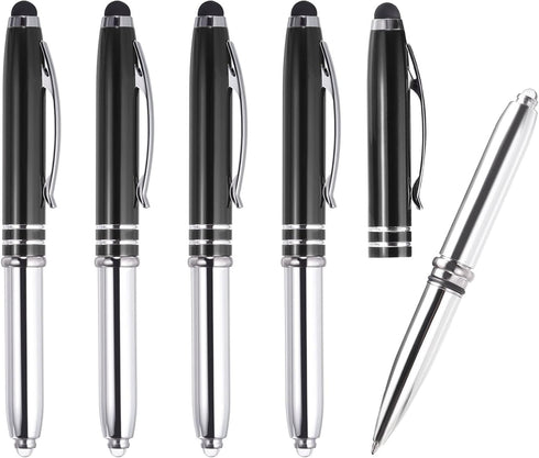 PATIKIL 5 Pack Ballpoint Pen with Stylus Tip and LED Flashlight, 3 in 1 Metal Pen Black Ink