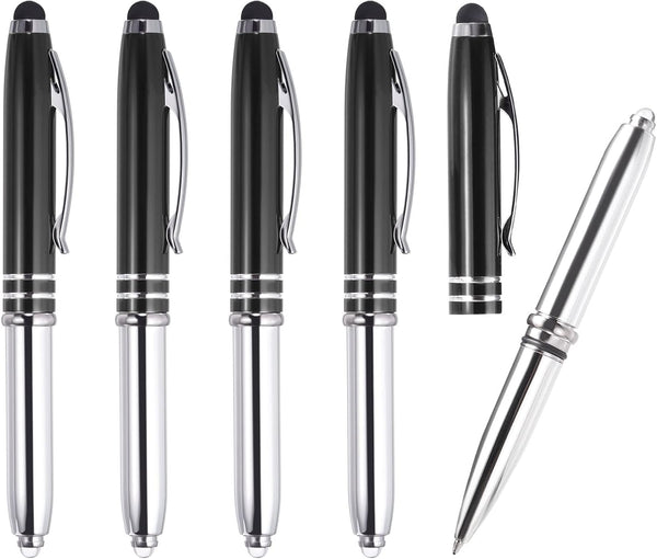 PATIKIL 5 Pack Ballpoint Pen with Stylus Tip and LED Flashlight, 3 in 1 Metal Pen Black Ink