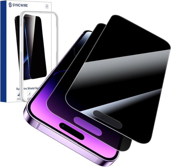 SYNCWIRE 9H Shatterproof Privacy Screen Protector for iPhone 14 Pro Max, 6.7" Full Coverage, Anti-Spy, 2-Pack.