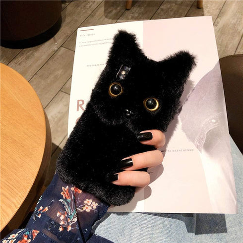 SGVAHY Furry Case for iPhone 7/8/SE2/SE3, Cute Cat Black Fur Fluffy Soft Warm Plush Fuzzy with Bling Glitter Protective