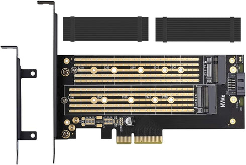 Dual M.2 PCIE Adapter for SATA or PCIE NVMe SSD, Advanced Heat Sink Solution