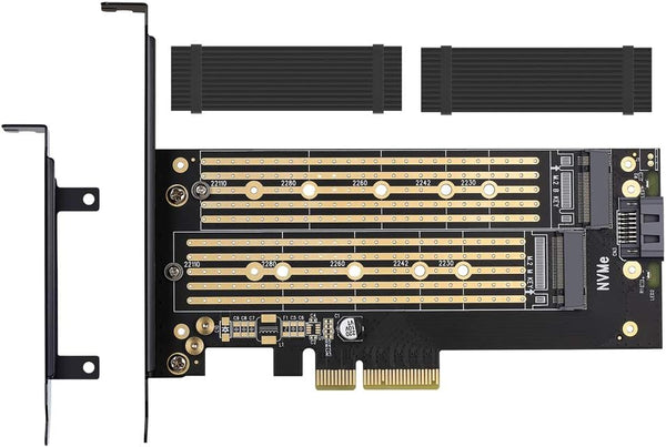 Dual M.2 PCIE Adapter for SATA or PCIE NVMe SSD, Advanced Heat Sink Solution
