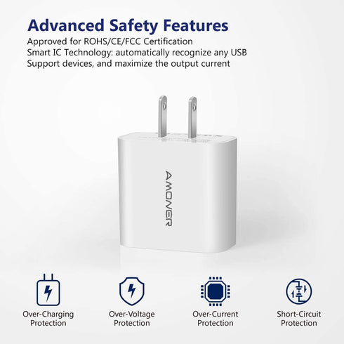 Amoner USB Wall Charger, 2-Pack Upgraded 15W 3-Port USB Charging Blocks, iPhone Plug Adapter Wall Charger Cube for