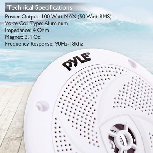 Pyle Marine Speakers - 4 Inch 2 Way Waterproof Outdoor Audio Stereo Sound System, 100 Watt Power, 1 Pair, White