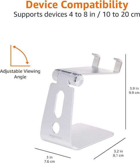 Amazon Basics 3.15 2.87 3.74 inch, Adjustable Aluminum Phone Stand for Cell Phones, iPhone and Android, Desktop Phone