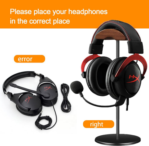Headphone Stand Holder Headset Holder with Wood and Aluminum Desktop Headphone Stand Headset Stand for Desk with Solid Heavy Base Wood Headphones Stand for All Headphone Sizes (Black)