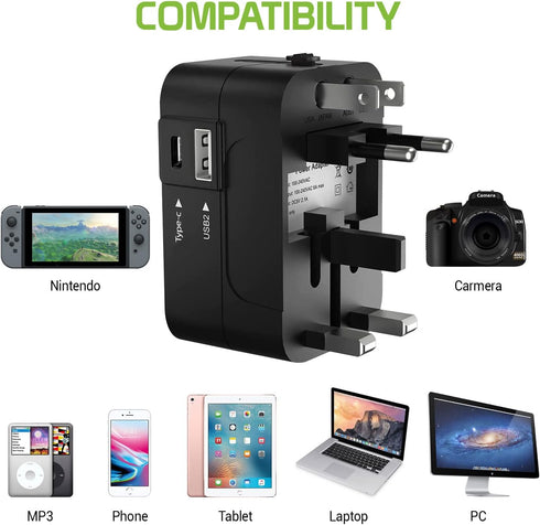 Portable Worldwide Universal Power Adapter Converter, All in One International Wall Charger with USB Ports