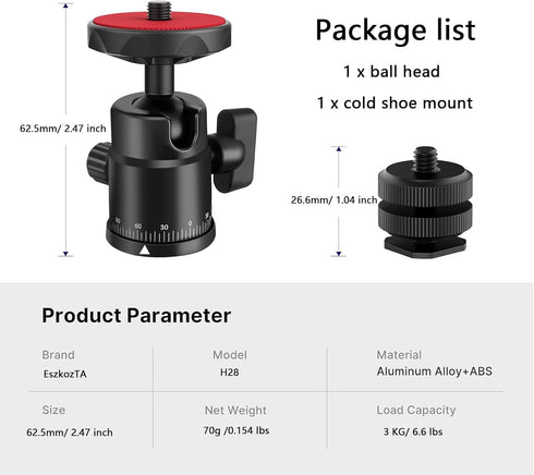 Universal 1/4" Swivel Mini Ball Head Screw Tripod Mount with Hot Shoe Mount, 360° Panoramic Rotating Base Adapter
