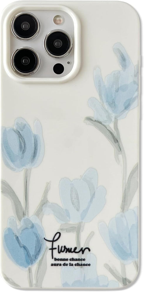 Artistic Blue Tulip Flower Soft Case for iPhone 14 Pro Max (Beige)