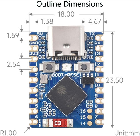 ESP32-S3 Mini Development Board, Pre-Soldered Header, ESP32-S3FH4R2 Dual-Core Processor, 240MHz, 2.4GHz Wi-Fi
