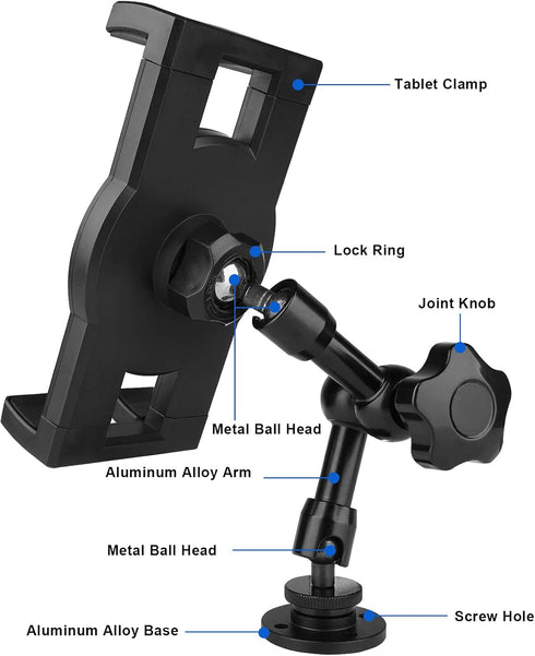 Metal Drill Base Tablet Mount, iPad Holder for Truck/Car/Van/Wall/Desk, Compatible with 7~12.9" Devices