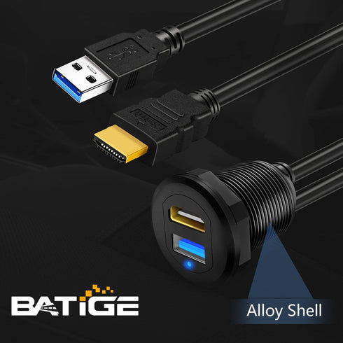 BATIGE USB 3.0 HDMI Car Mount Flush USB Port Cable, Alloy Shell Dash Panel Extension Cable with LED Indicator, 3ft
