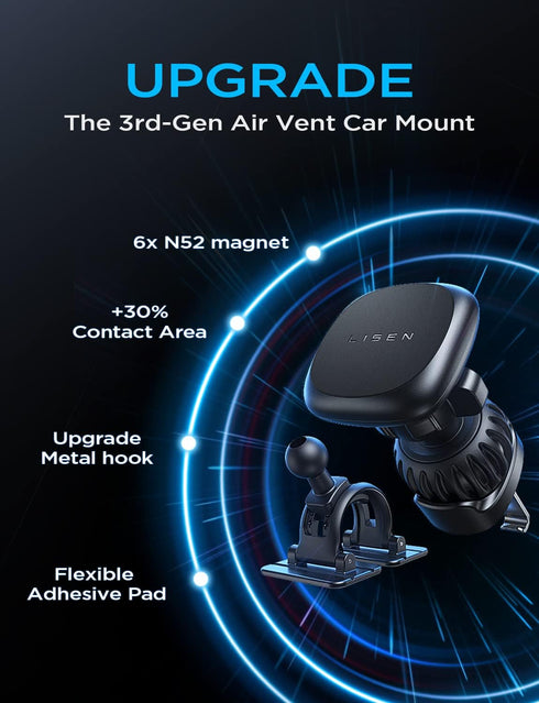 LISEN Car Phone Holder Mount with 6 Strong Magnets, Replaceable Base, Case Friendly for All Smartphones & Tablets