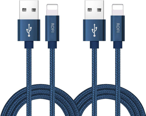 RoFI Phone Charger Cable, 2Pack 2 Feet Nylon Braided Fast Charging USB Cord for Phone X, 8, 7, 6s, 5 (Blue)