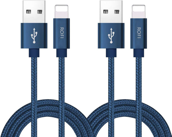 RoFI Phone Charger Cable, 2Pack 2 Feet Nylon Braided Fast Charging USB Cord for Phone X, 8, 7, 6s, 5 (Blue)