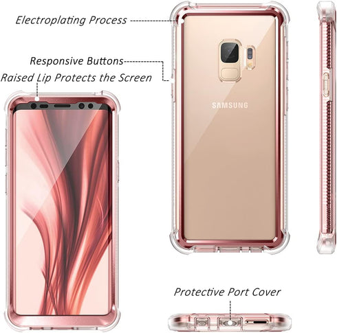 Dexnor Compatible Samsung Galaxy S9 Case with Screen Protector, Rugged 360 Full Body Shockproof Cover - Metallic Pink