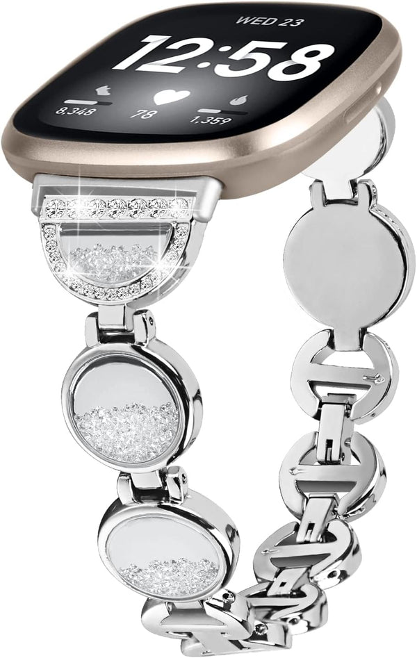 FitTurn Jewelry Bling Bands for Fitbit Versa 4/Sense 2/Versa 3, Replacement Diamond Jewelry Metal Wristband
