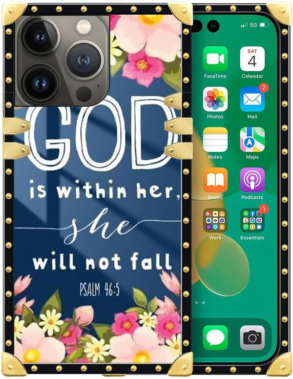 DAIZAG iPhone 15 Pro Max Case Compatible, B Bible Verse God Square Luxury Elegant Metal Decoration Corner Case