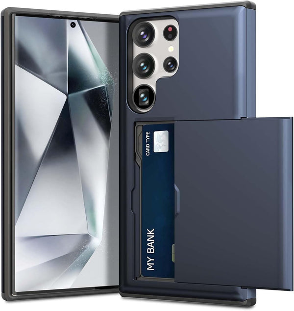 ZUSLAB Card Holder Slot Case for Samsung Galaxy S24 Ultra, Shockproof Rubber & PC Bumper Dual Cover - Dark Blue