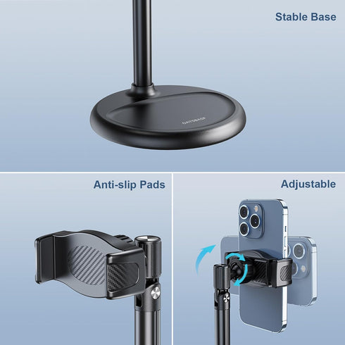 Cell Phone Stand for Recording, Height Adjustable Filming Phone Holder for Desk, 360 Degree Rotation Clamp Phone Stand,