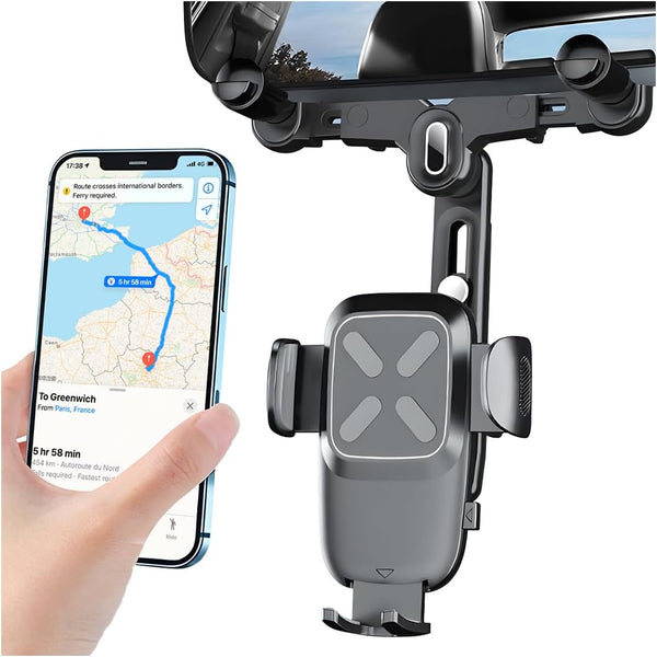 Car Rear View Mirror Phone Holder, 360° Rotatable & Retractable Auto Clip Mobile Mount, Universal for All Phones