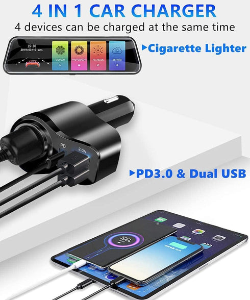 4 in 1 USB C Car Charger, 168W Multi USB Cigarette Lighter Adapter with 3 USB Ports, Dual USB Type C PD Fast Car Charger