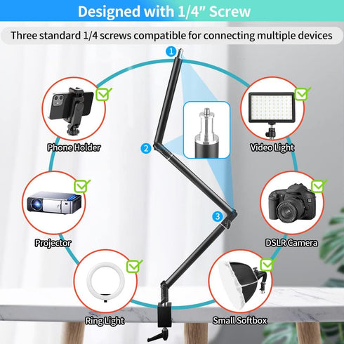 Heavy Duty Overhead Camera Desk Mount Stand, 14.5"-41" with 1/4" Screw, 360° Rotatable Detachable Boom Arm for Streaming