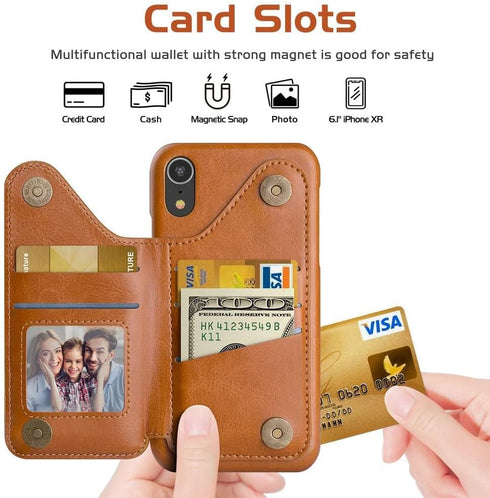 LOHASIC Wallet Case for iPhone XR, Brown, 5 Card Holder Phone Cover, Magnetic Clasp, Kickstand Flip Folio
