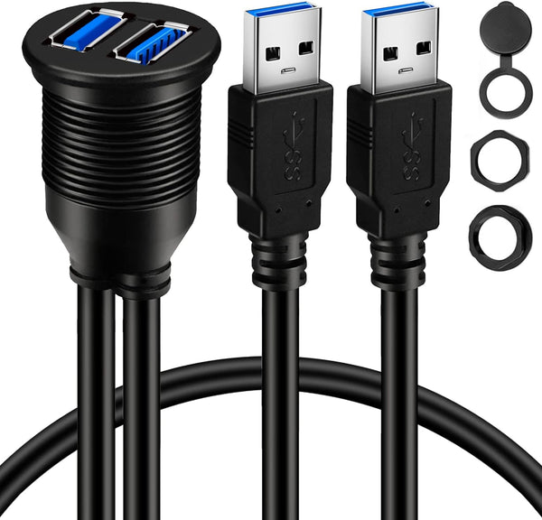 BATIGE 2 Ports Dual USB 3.0 Male to USB 3.0 Female AUX Flush Mount Car Extension Cable for Car Truck Boat Motorcycle,