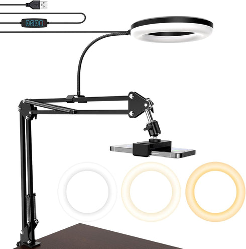 Overhead Camera Mount with Ring Light, 6’’ Phone Mount for iPhone Camera Webcam, Articulating Arm