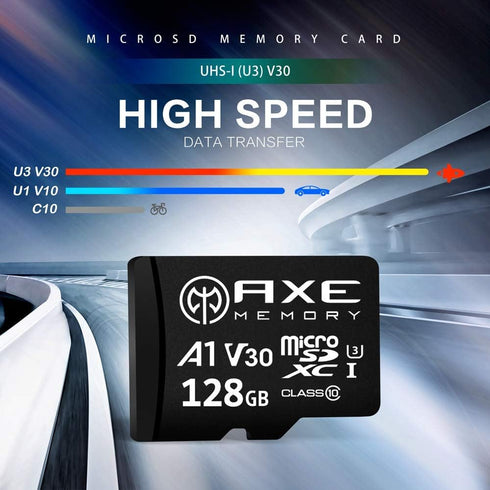 AXE MEMORY 128GB Micro SD Card 4K Ultra Full HD Video High Speed MicroSDXC Up to 95MB/S A1 V30 UHS-I U3, with SD Adapter