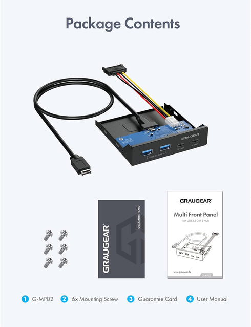 GRAUGEAR 3.5 Inch Front Panel Hub, 4 Ports Internal Metal USB Hub, 2X USB-C 10Gbps, 2X USB 3.2 Gen 2 Ports, USB3.2