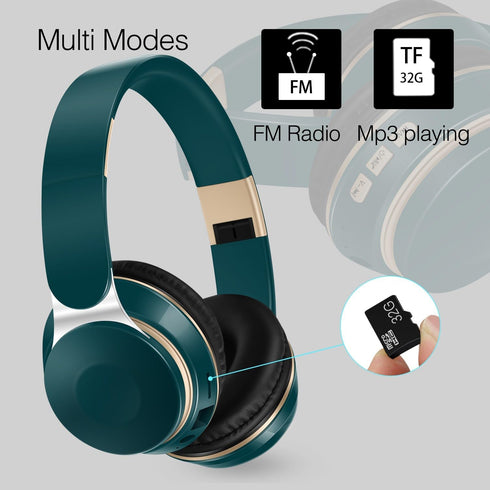 RAT TAIL Bluetooth Headset, Chat- Comfortable Over Ear Stereo Wireless Headphones with Mic, Soft Earmuffs/Foldable/SD/TF/FM Radio, 20H Playtime, Great for Music/Tour/Gym/Game/Chat (Deep Green)