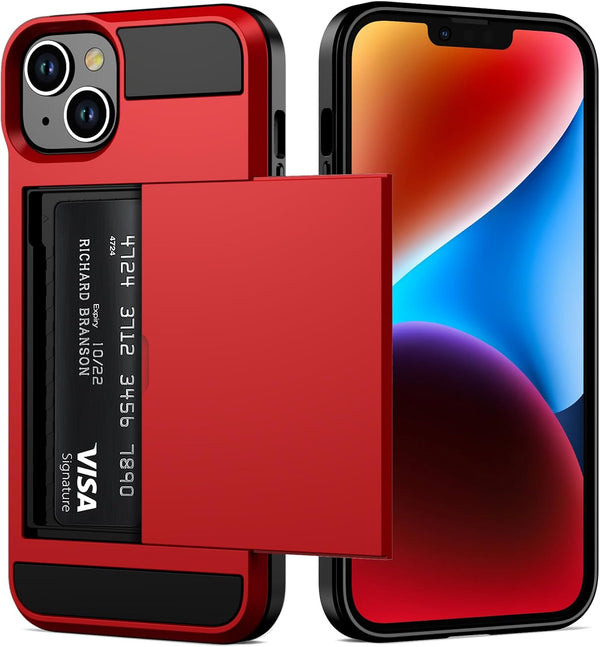 Vofolen iPhone 14 Case Wallet with Credit Card Holder, Red, Anti-Scratch Dual Layer Hybrid Bumper Armor