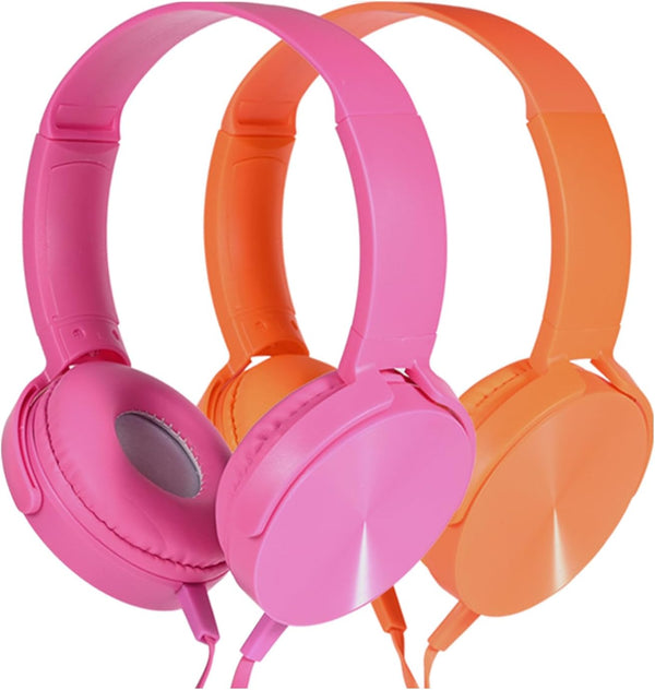 Kids Headphones 2 Pack for School, Durable Wired Student Headset for Laptop, Library, Airplane, Travel (Pink+Orange)