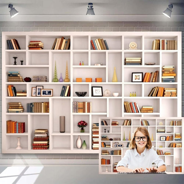 Heevnttiy 7x5ft White Bookshelf Backdrop Modern Office Zoom Video Conference Photography Background Bookcase