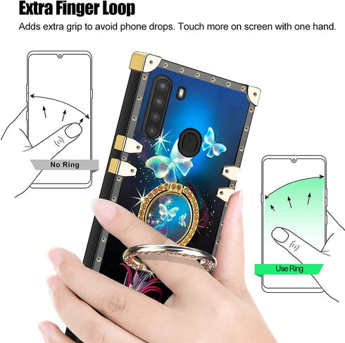 Samsung Galaxy A21 Phone Case for Girls Women, Butterfly Black Fantasy Square Case with Ring Stand Lanyard Drop