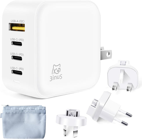 100W USB C GaN Wall Charger, Foldable 4-Port PD USB-C Charger with Traveller Adapters for Phones and Laptops