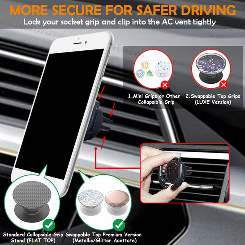 2 Pack Holder Car Mount for Popsocket, Collapsible Grips Mount for Car Vent with Secure Clip for Horizontal Air Vent