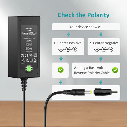 45W Universal DC Power Supply, 15V 13.5V 12V 9V 7.5V 6V 5V Switching AC Adapter for LED Strip Lights, Baby Monitors