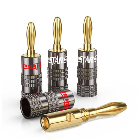 Bullet Pin Banana Plugs for Speaker Wire (12 Pairs, 24 Pcs), 4mm Dual Screw Type, 24K Gold Plated Connectors,