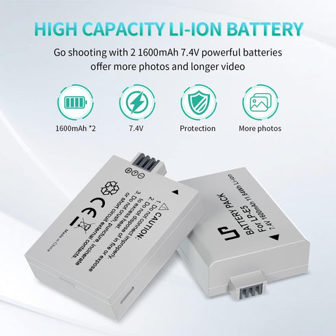 LP E5 Battery Pack, 2-Pack 1600mAh Battery Compatible with Canon EOS Rebel XS, T1i, 1000D, and More