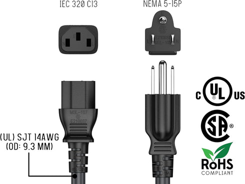 Cable Leader 4ft 14AWG 5-15P C13 3-Prong Computer Power Cord, NEMA to IEC AC Power Cable, Heavy Duty Replacement Power