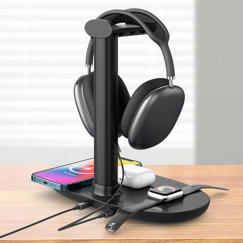 4 in 1 Headphone Stand Charger, Desktop Gaming Headset Holder and Station Dock for iOS & Android, 15W Stable Charger