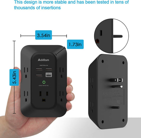 USB Wall Charger Surge Protector, Addtam 5 Outlet Extender with 4 USB Charging Ports, 3-Sided Power Strip Adapter