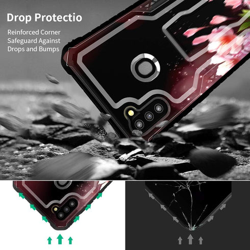 FITO Durable Shockproof Case for Samsung Galaxy A11, with Screen Protector and Built-in Kickstand, Pink Flowers