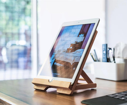 Bamboo Tablet Stand Holder Adjustable Folding Wood iPad Stand with Chargeable Hole for Desk iPad Cooking Stand