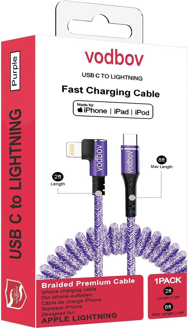 Fast Charging Purple Lightning to USB-C Cable, 2ft to 8ft Right Angle Coiled for iPhone.